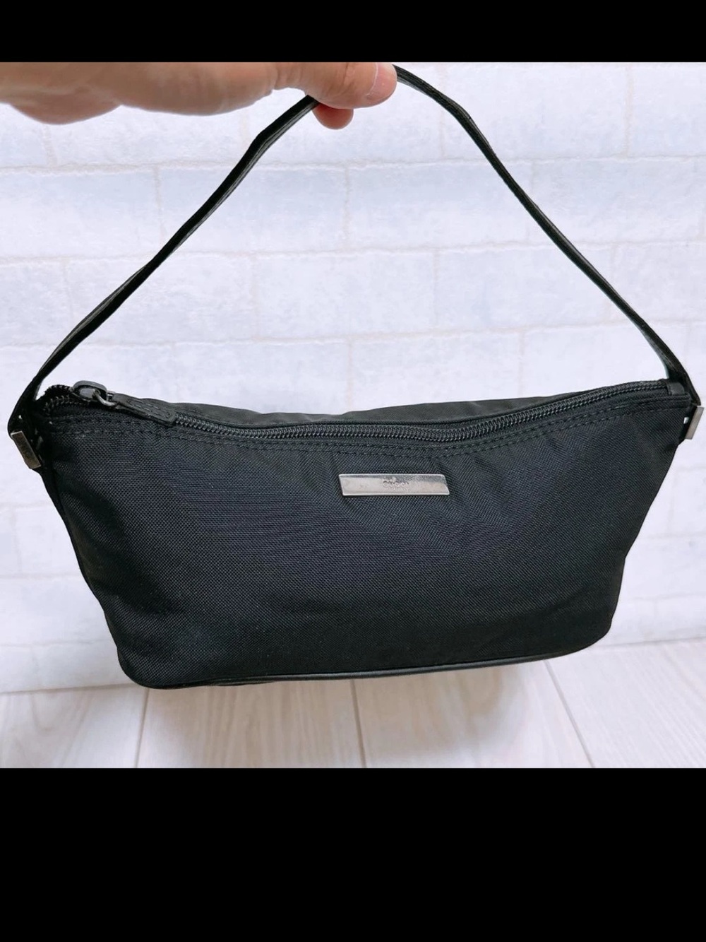 Gucci Black Shoulder Nylon Bag with Silver Logo Plate